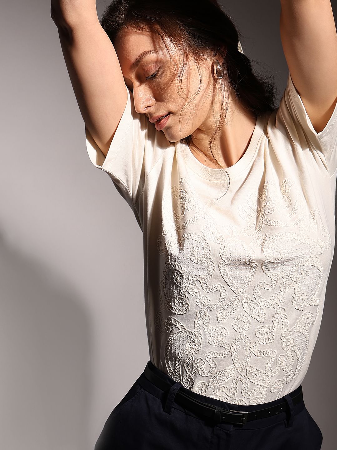 White Cotton Embroidered T-Shirt