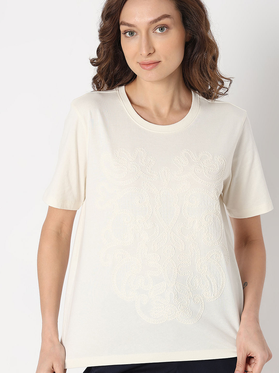 White Cotton Embroidered T-Shirt