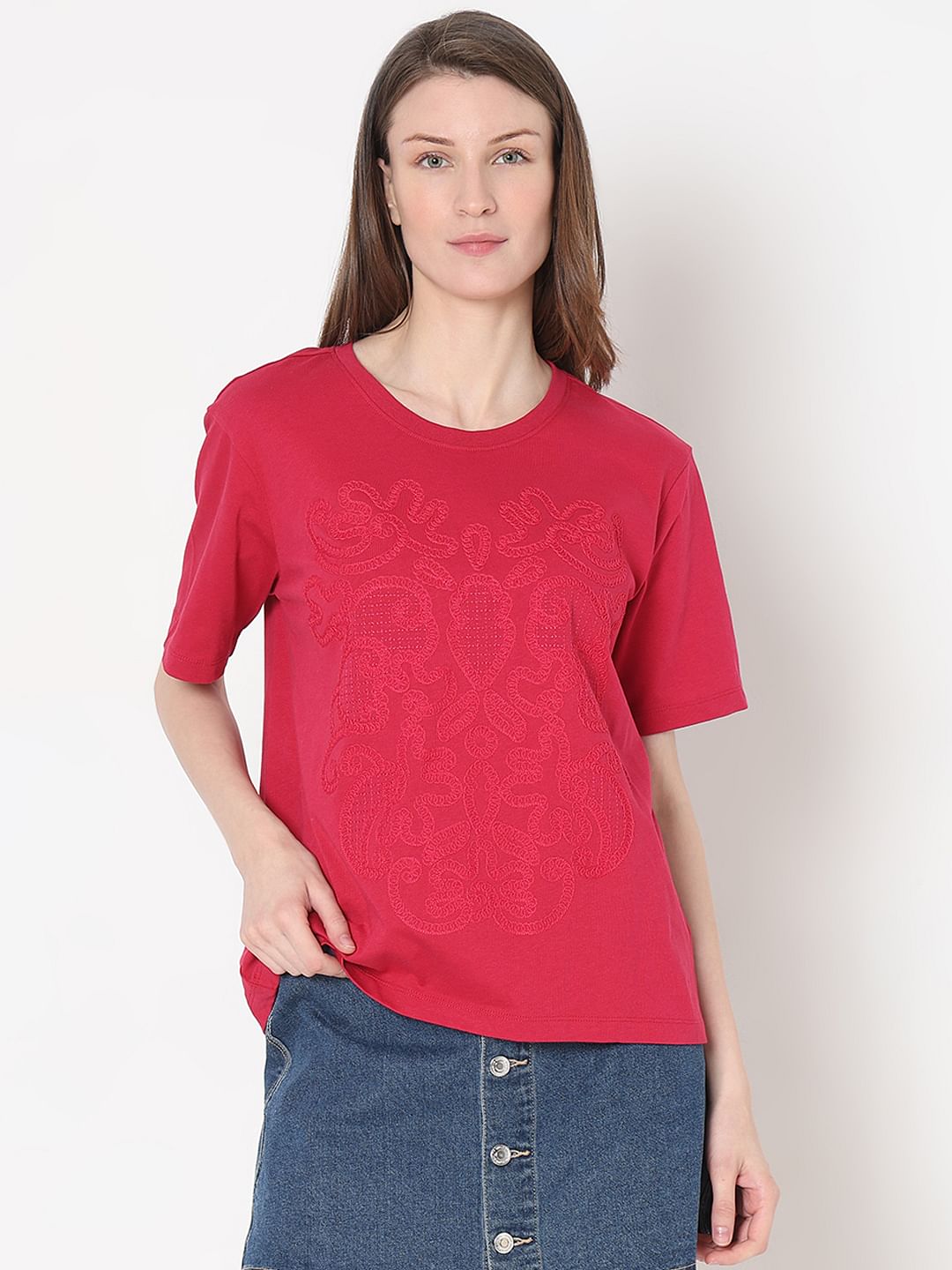 Pink Embroidered Cotton T-Shirt