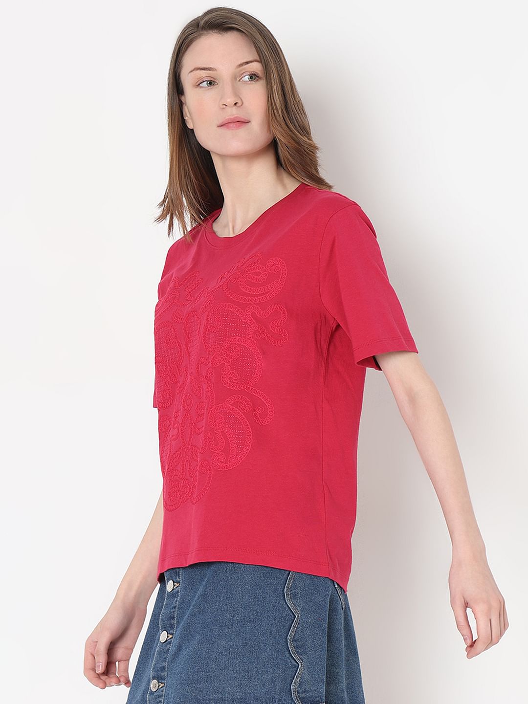 Pink Embroidered Cotton T-Shirt