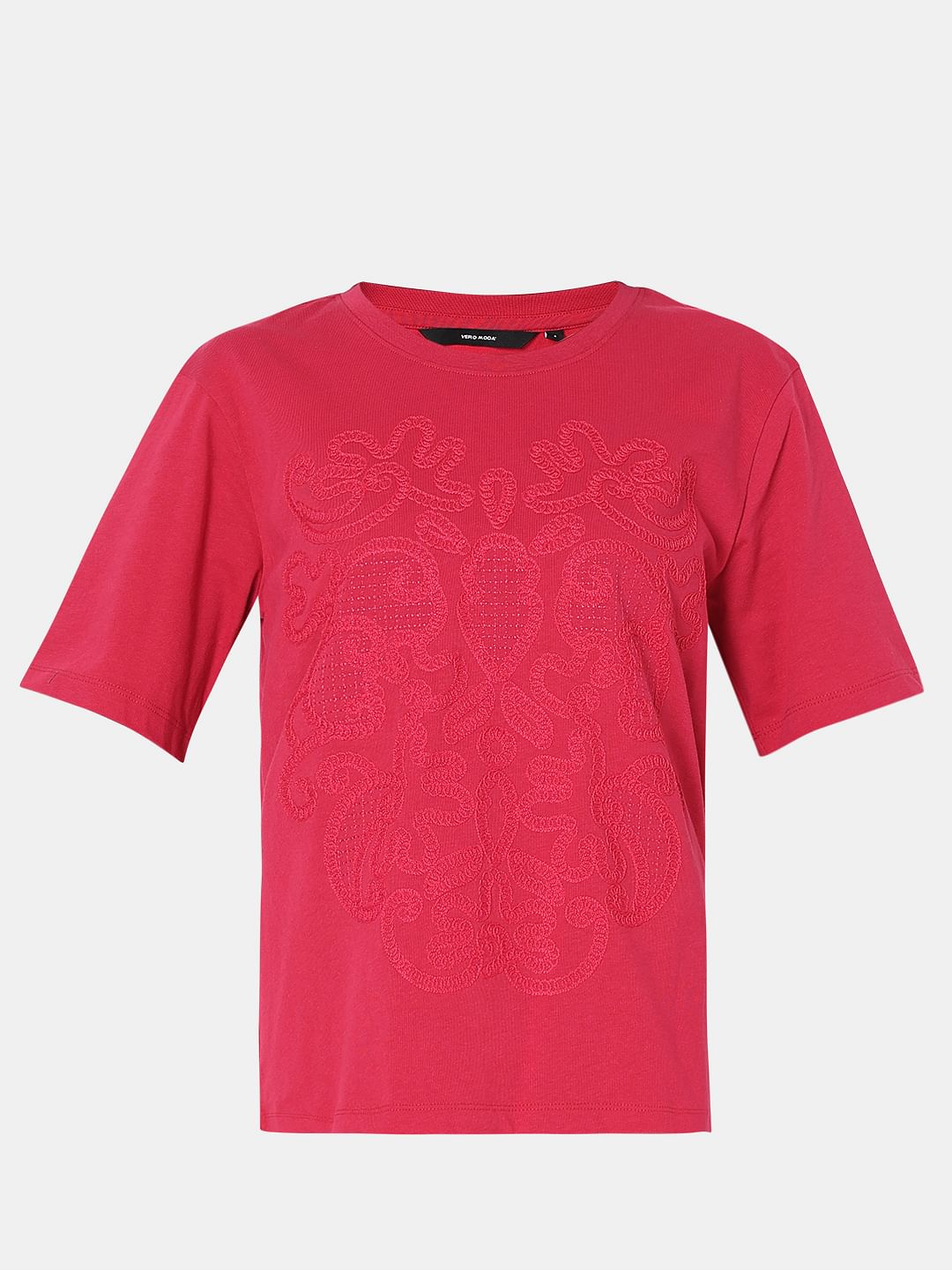 Pink Embroidered Cotton T-Shirt