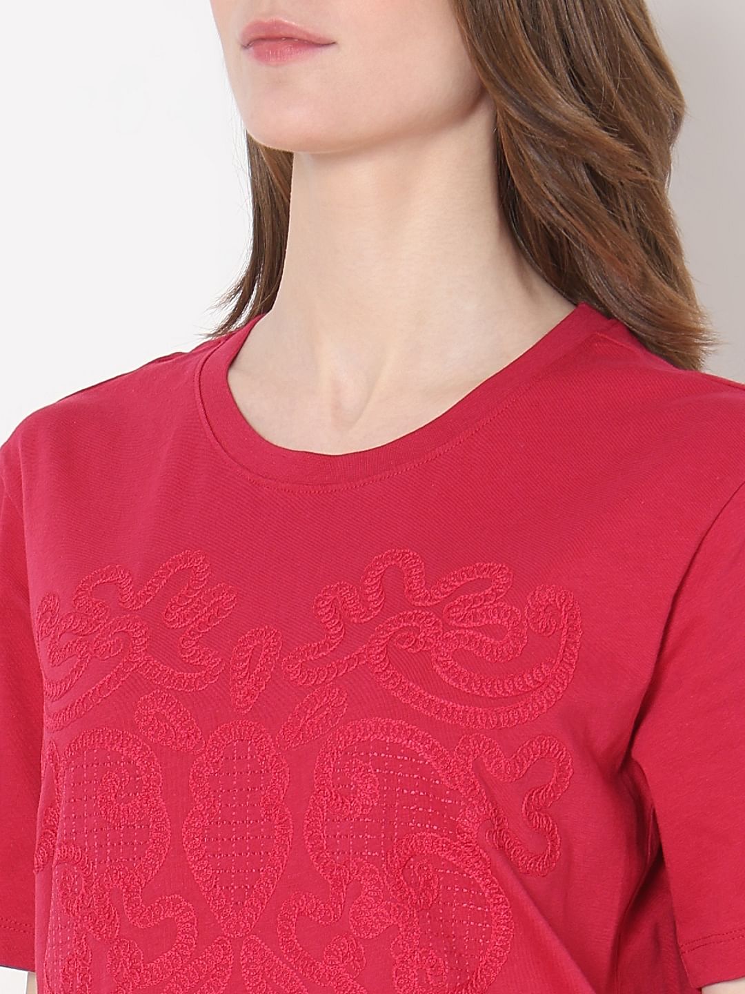 Pink Embroidered Cotton T-Shirt