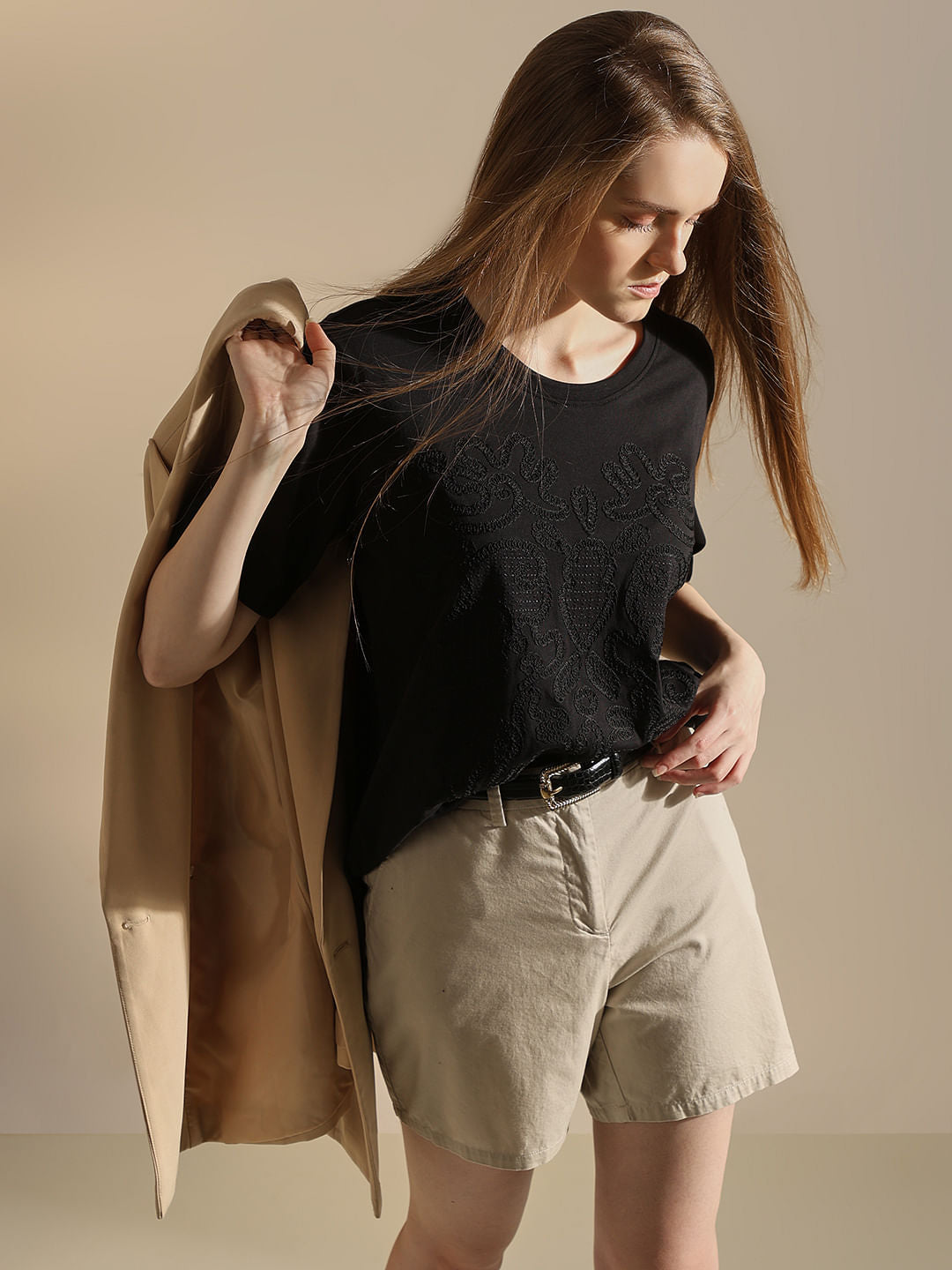 Black Embroidered Cotton T-Shirt