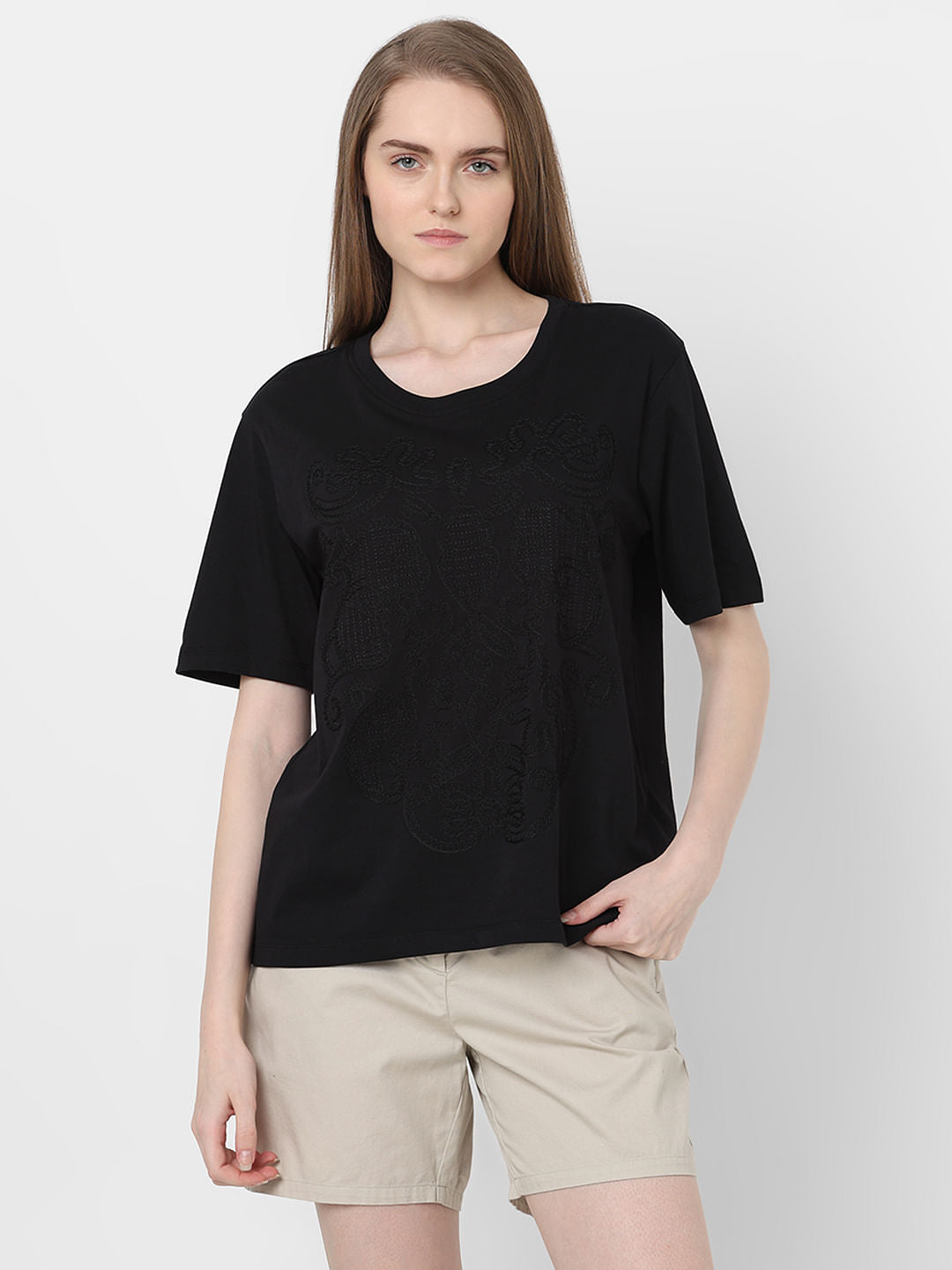 Black Embroidered Cotton T-Shirt