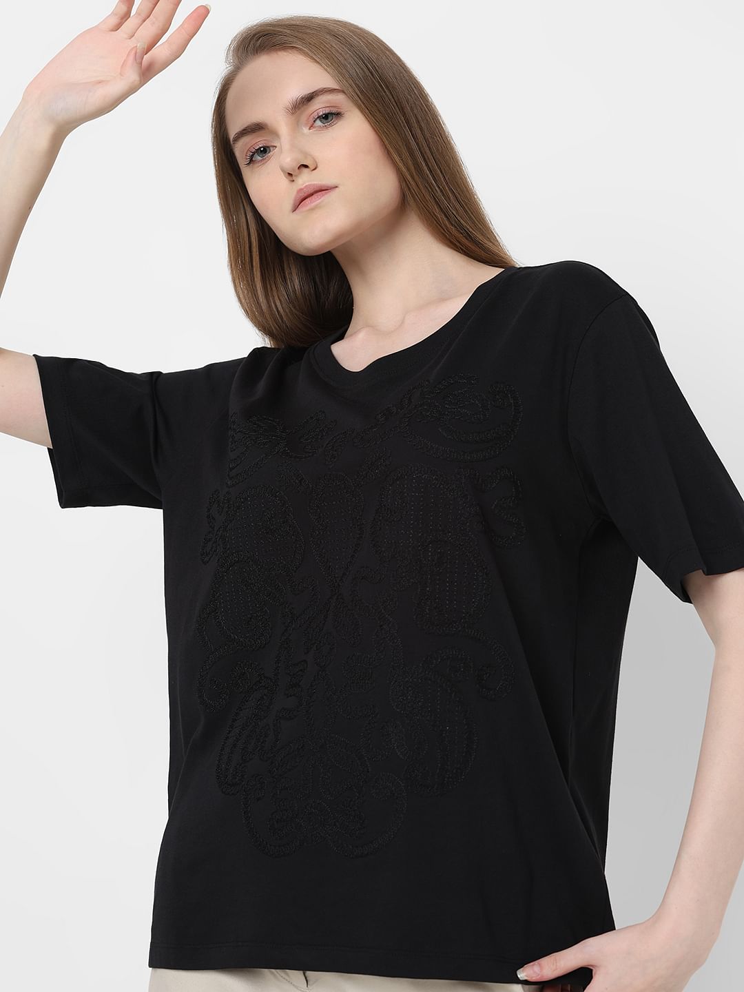 Black Embroidered Cotton T-Shirt