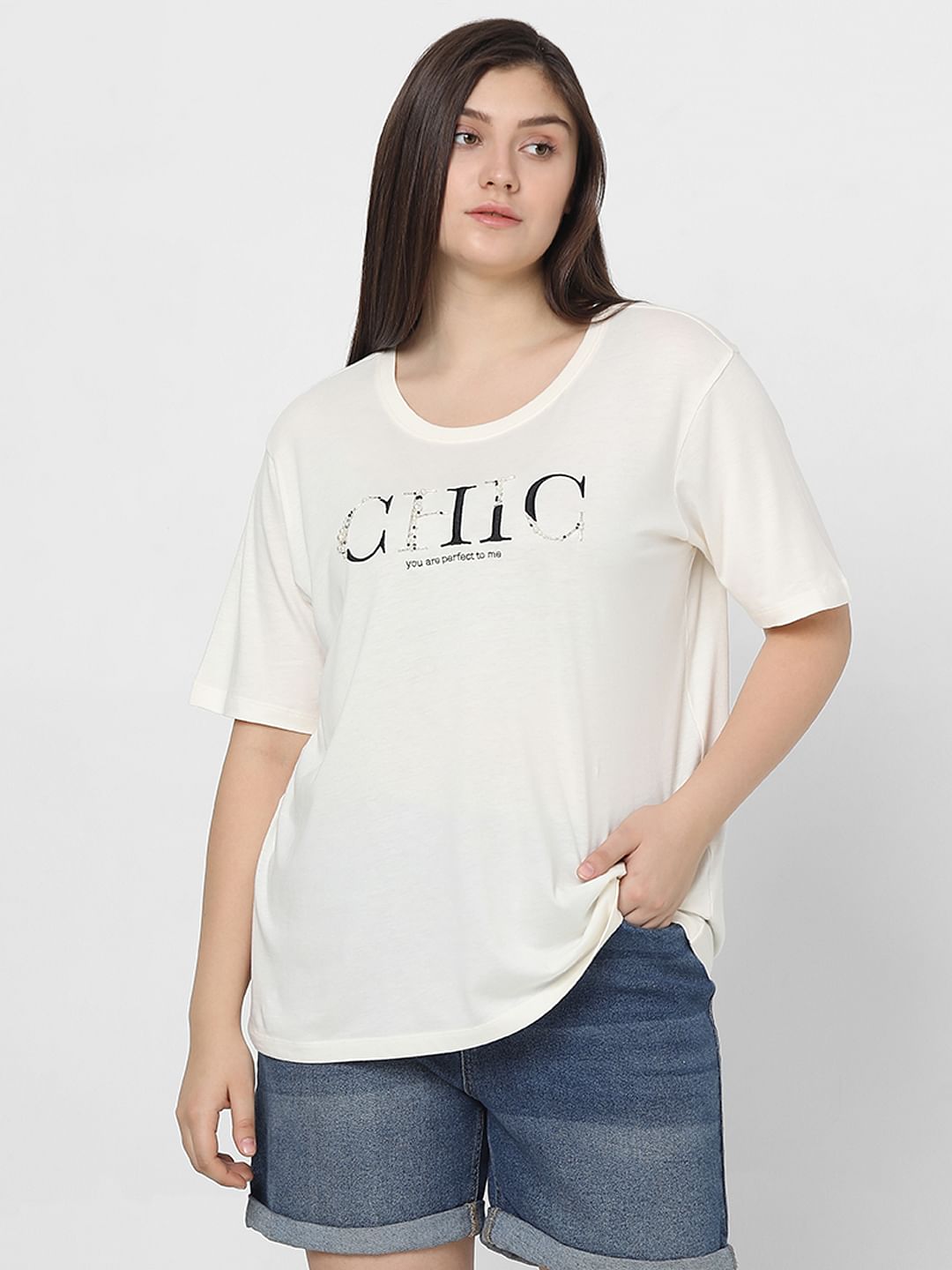 Curve White Pearl Embellished T-Shirt