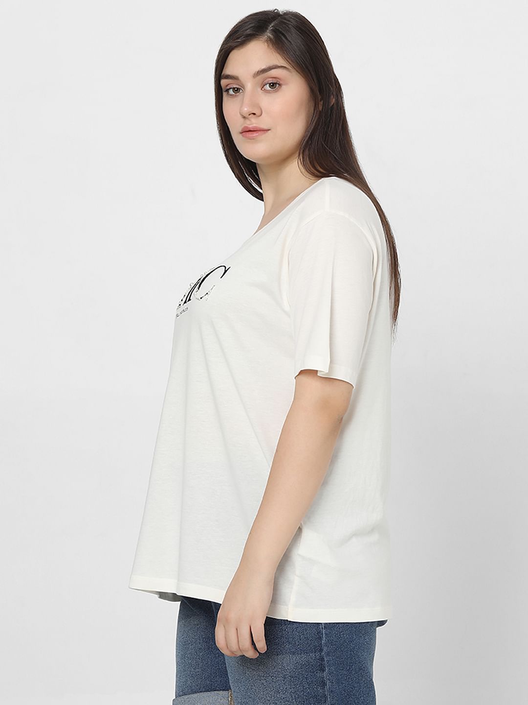 Curve White Pearl Embellished T-Shirt