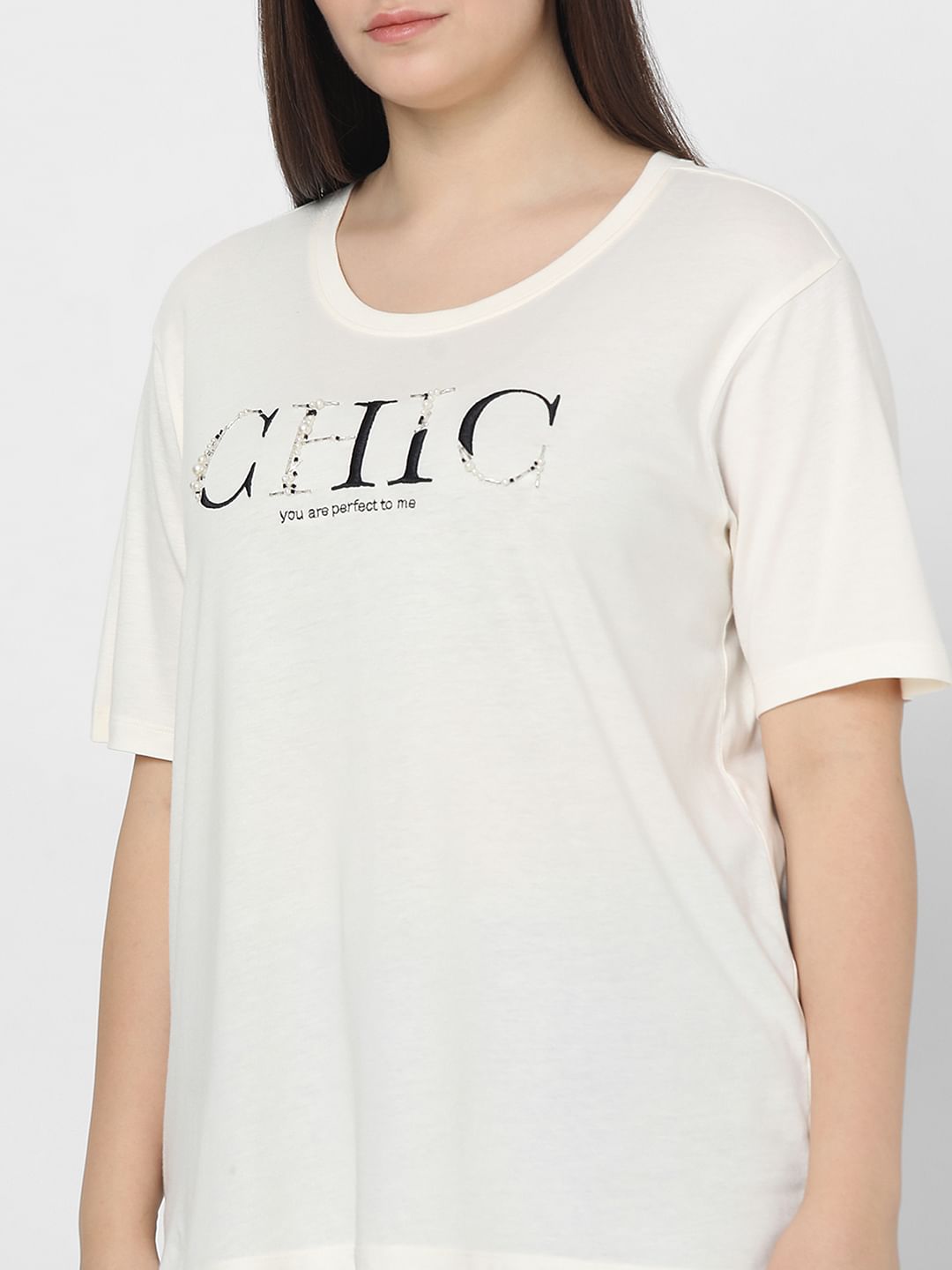 Curve White Pearl Embellished T-Shirt
