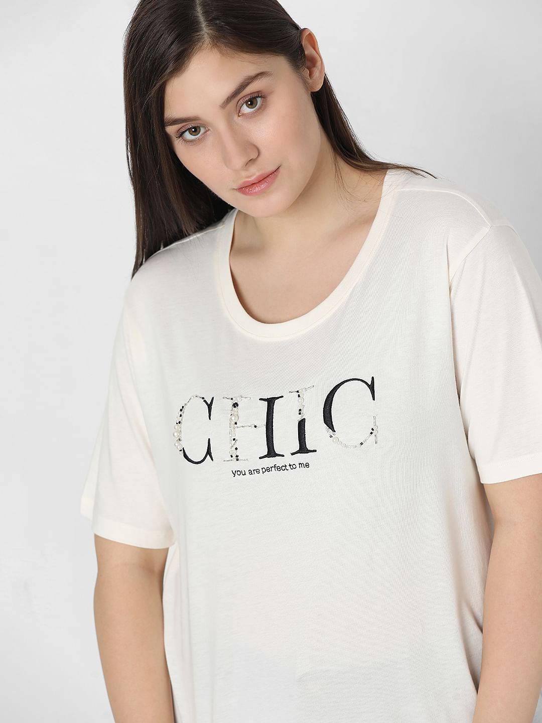 Curve White Pearl Embellished T-Shirt