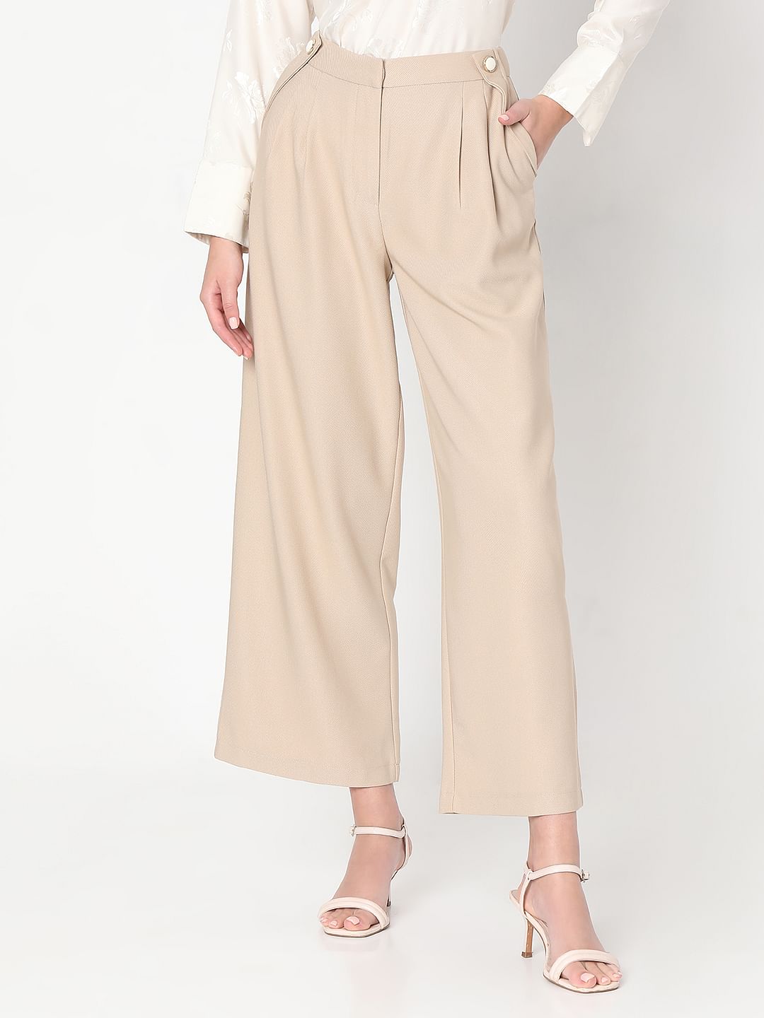 Beige Pearl Button Wide Leg Pants