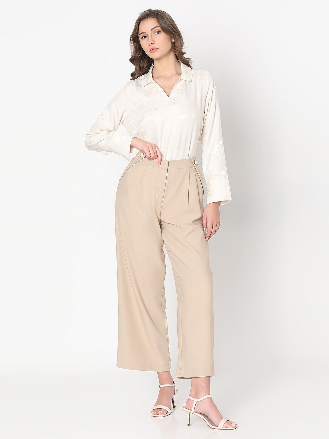 Beige Pearl Button Wide Leg Pants