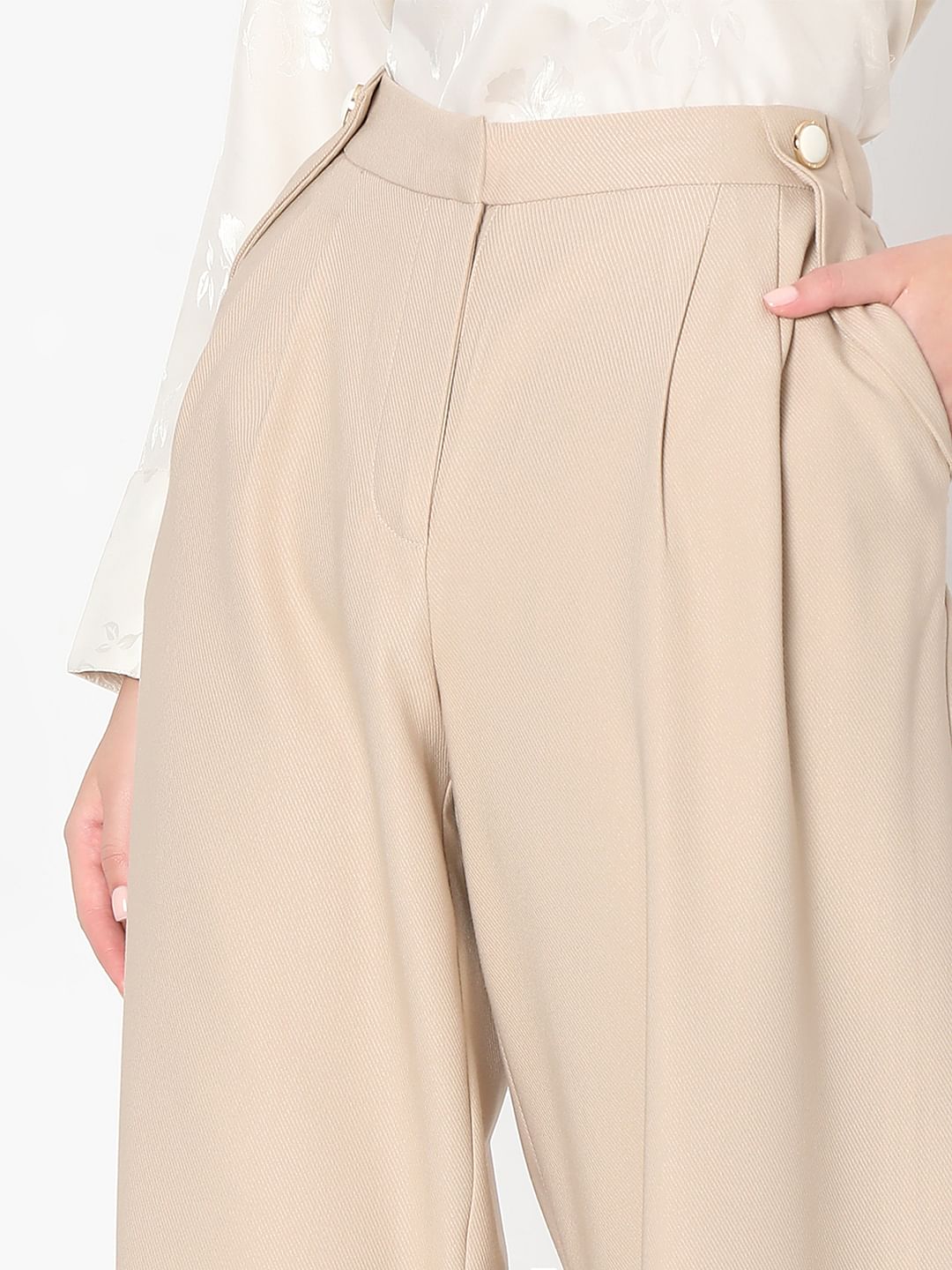Beige Pearl Button Wide Leg Pants
