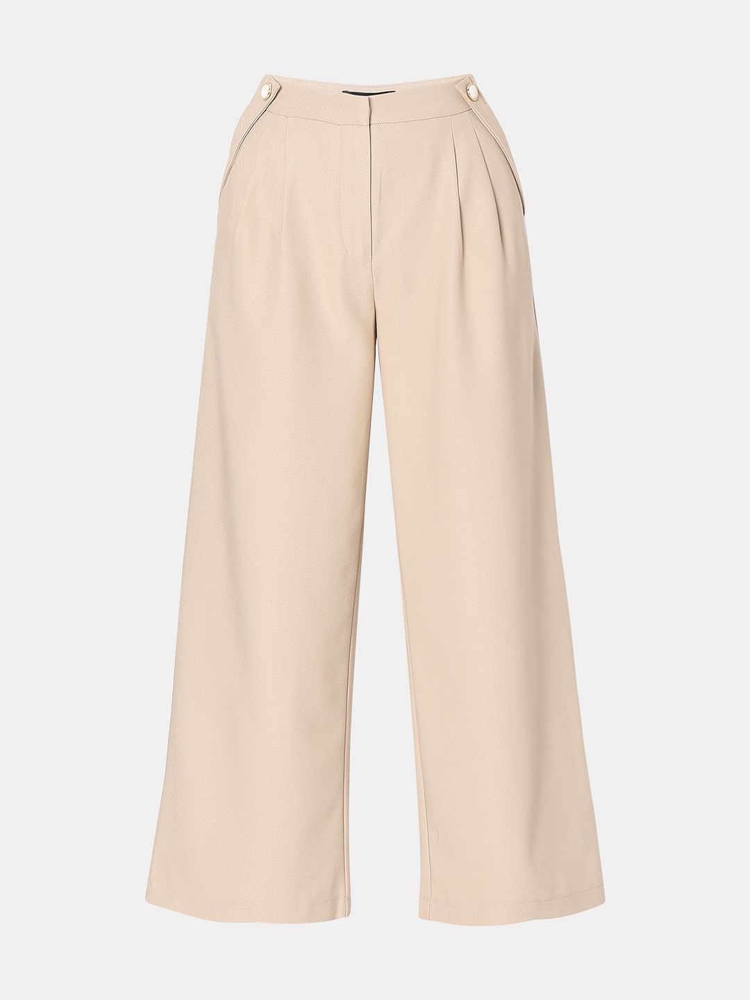 Beige Pearl Button Wide Leg Pants