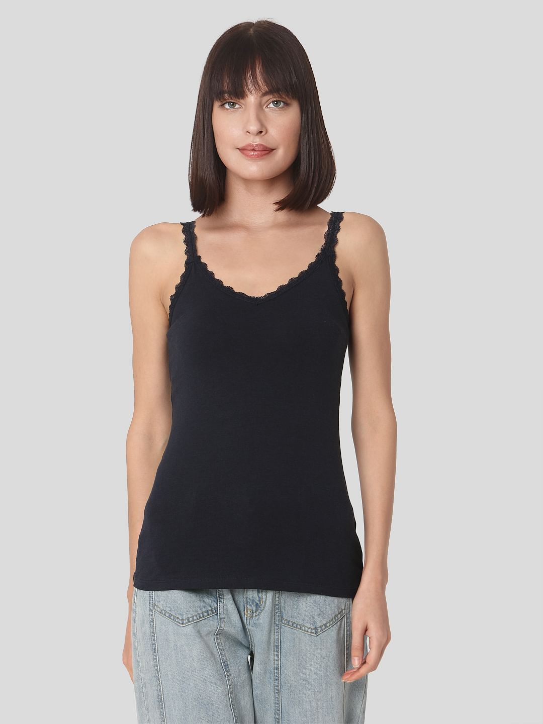 Navy Blue Lace Trim Singlet