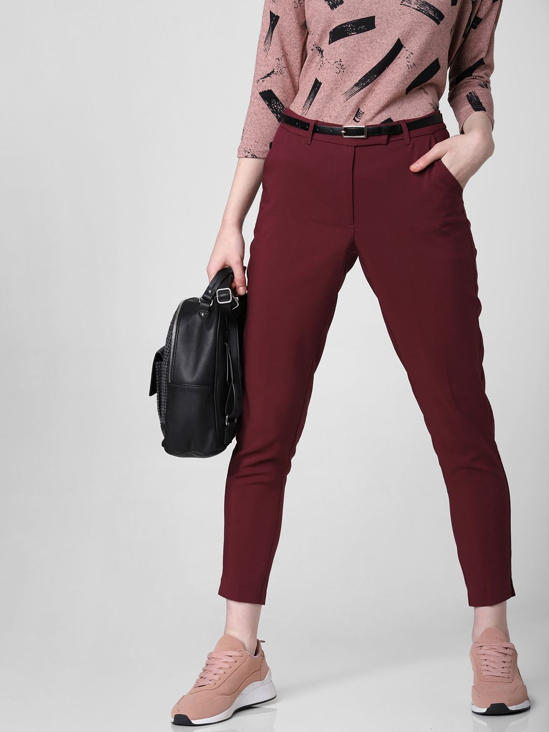 Burgundy Mid Rise Slim Trousers