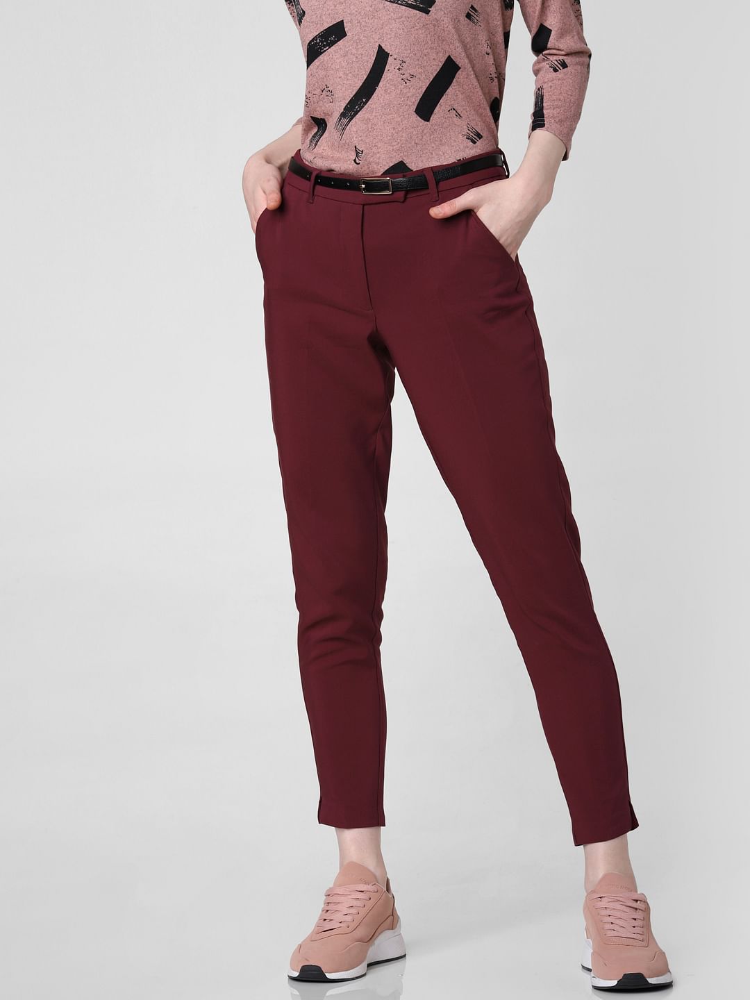 Burgundy Mid Rise Slim Trousers