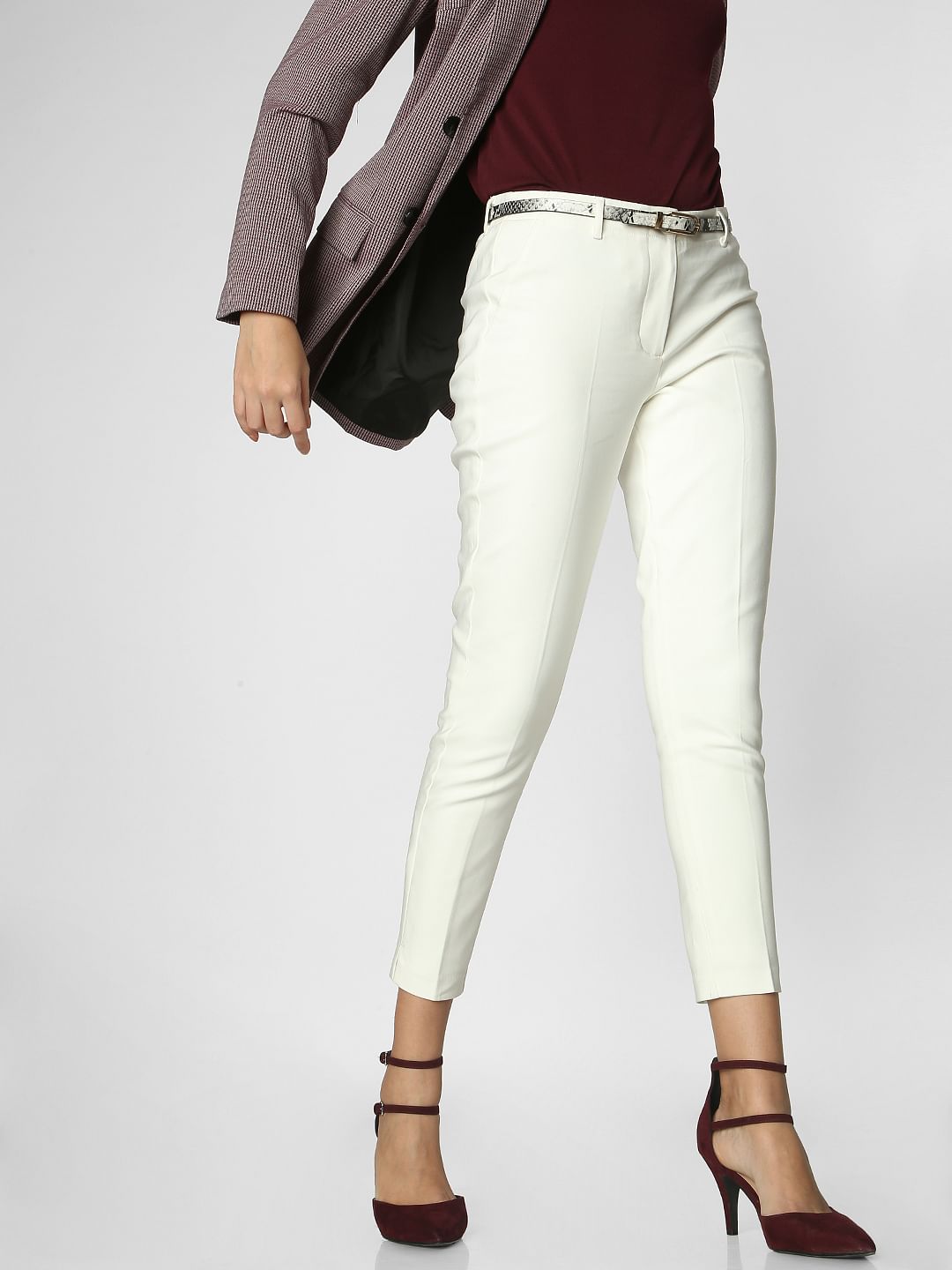 White Mid Rise Slim Trousers