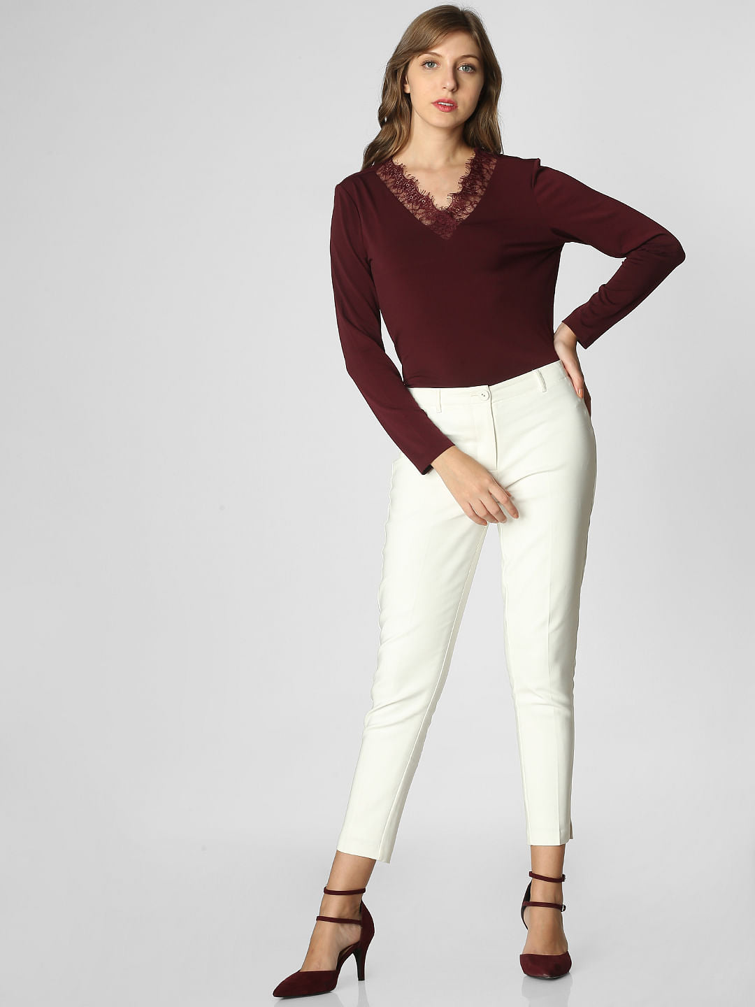 White Mid Rise Slim Trousers