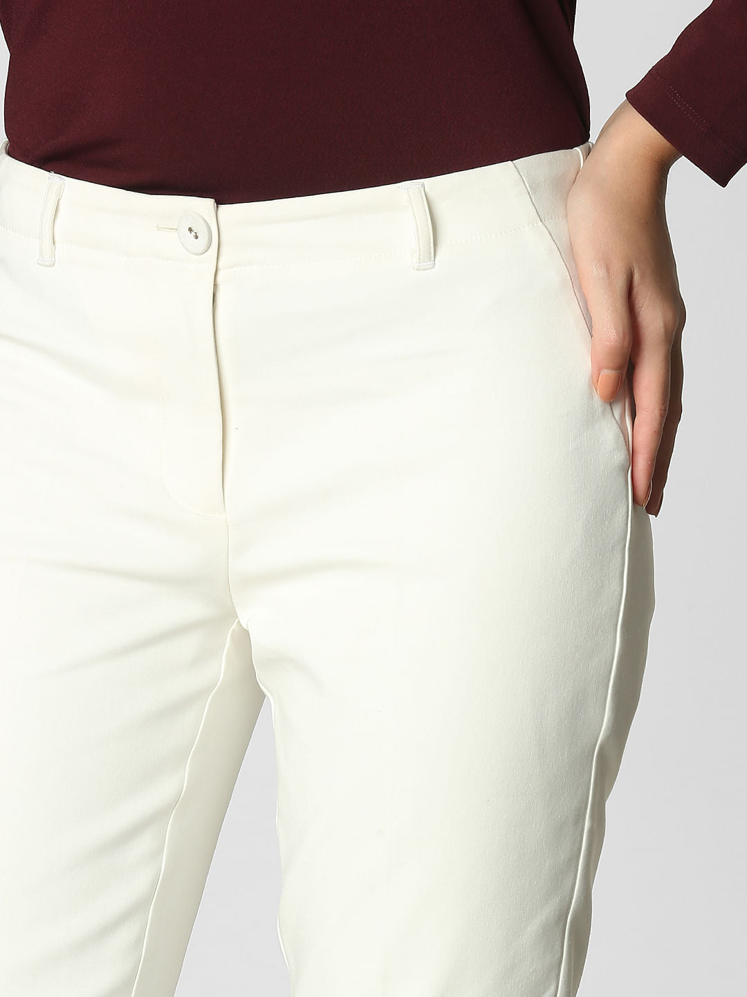 White Mid Rise Slim Trousers