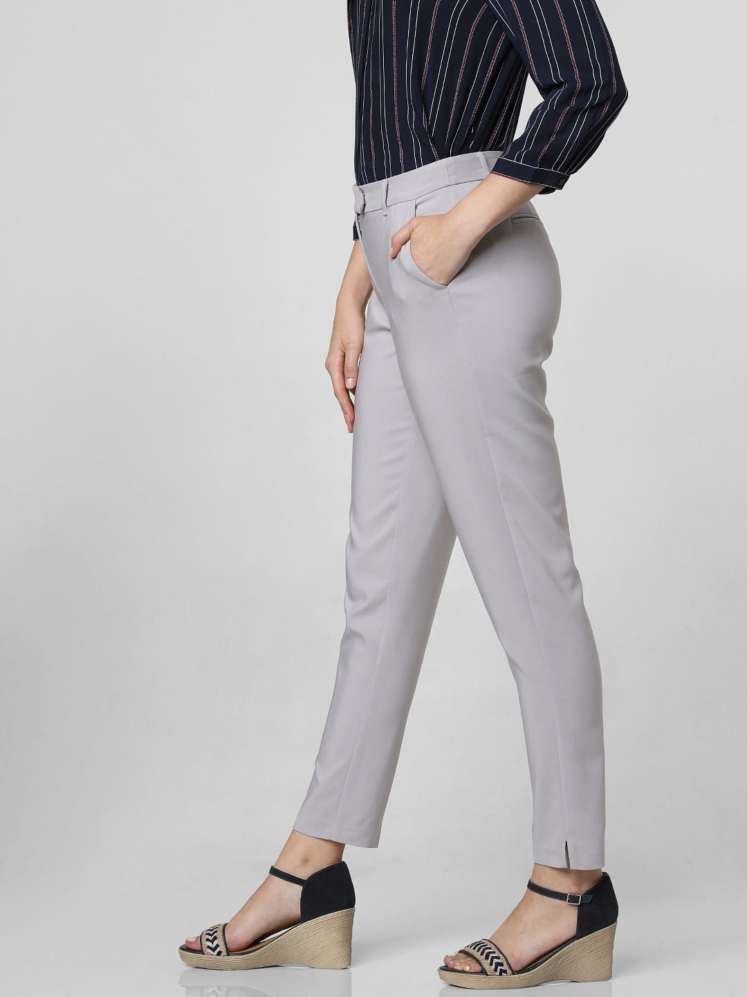 Grey Mid Rise Slim Trousers