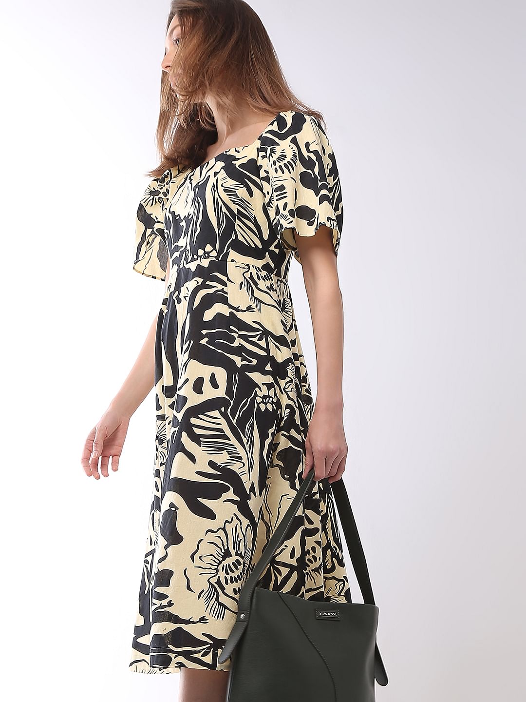 Beige Abstract Print Midi Dress