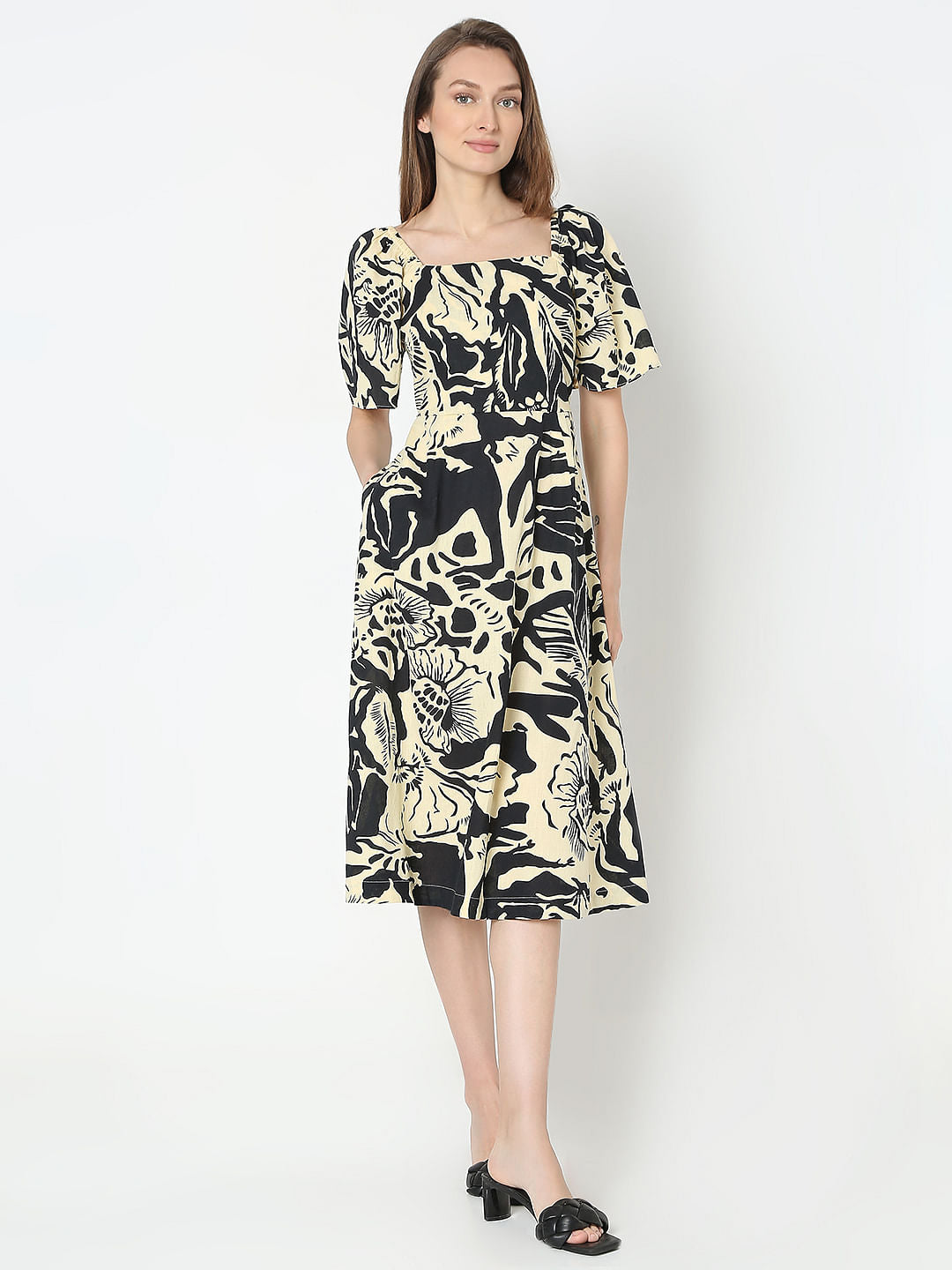 Beige Abstract Print Midi Dress