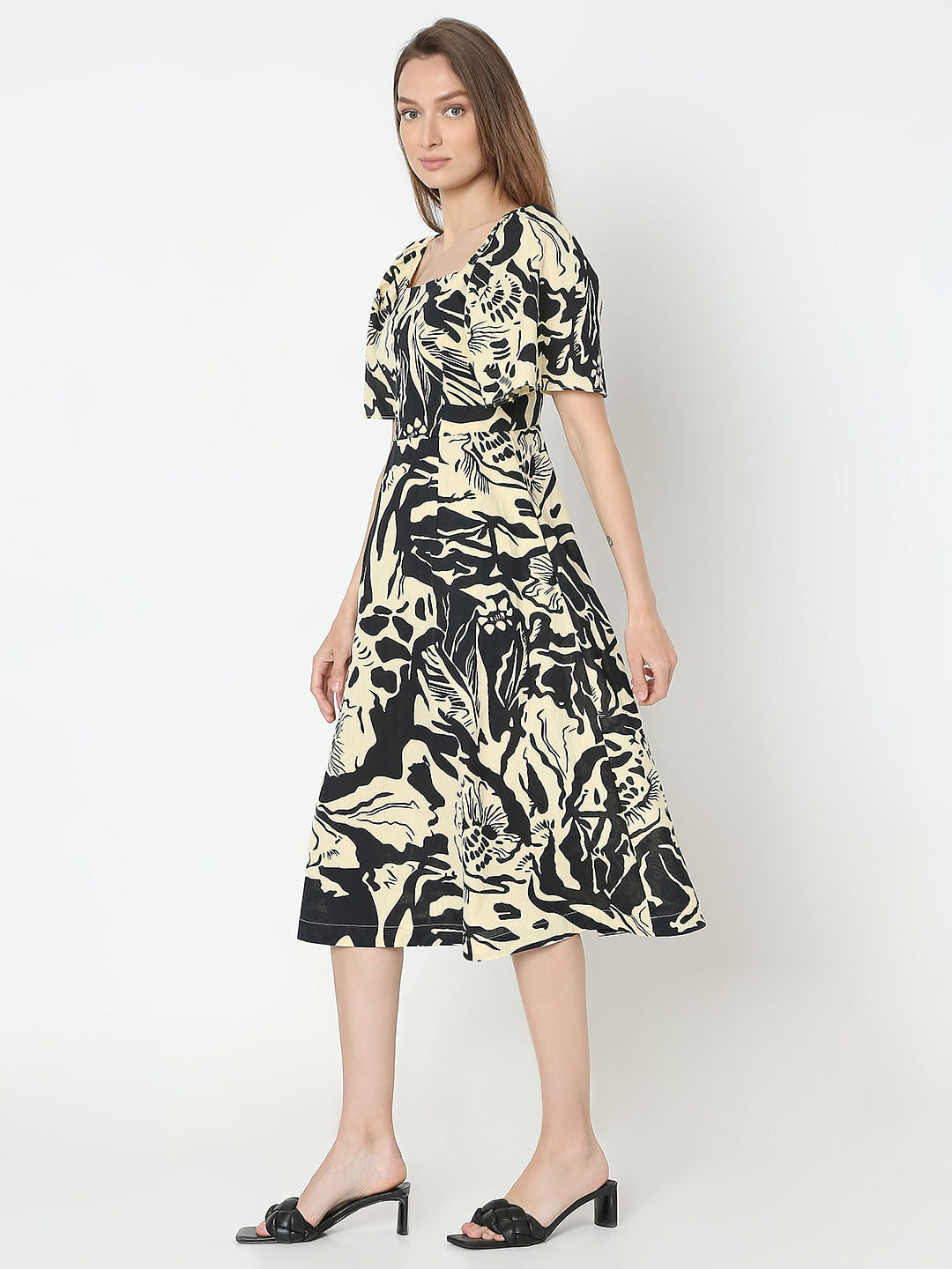 Beige Abstract Print Midi Dress
