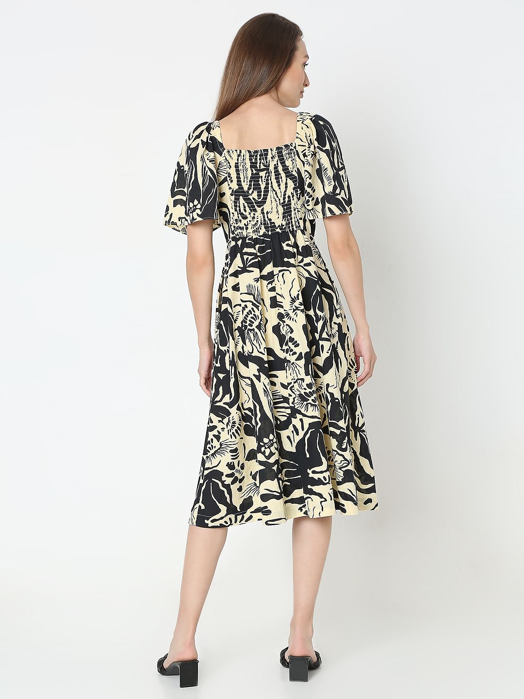 Beige Abstract Print Midi Dress