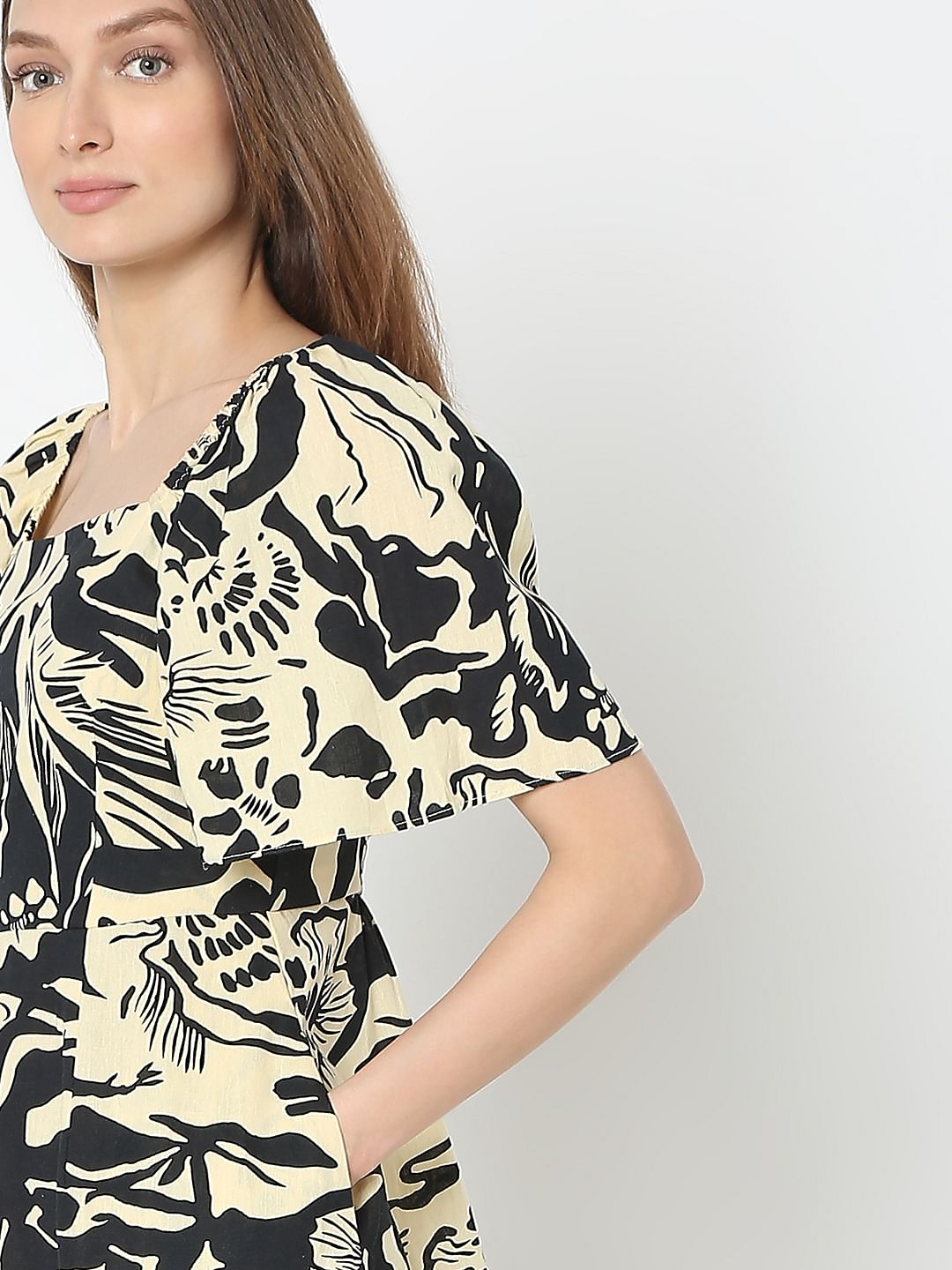 Beige Abstract Print Midi Dress