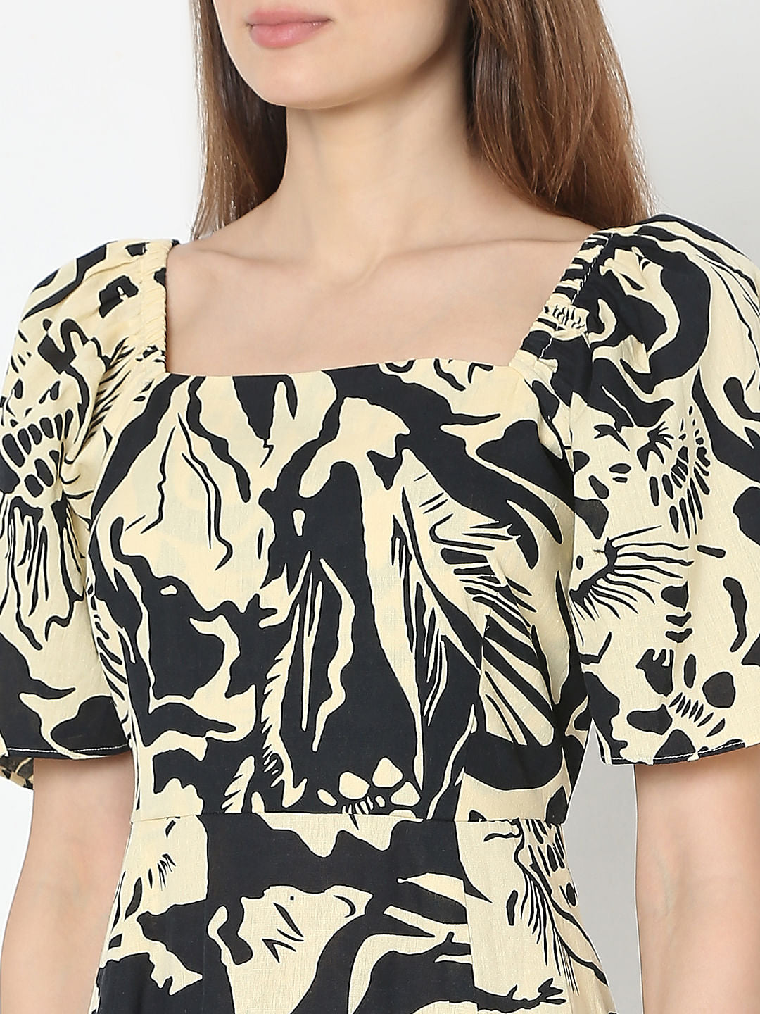 Beige Abstract Print Midi Dress