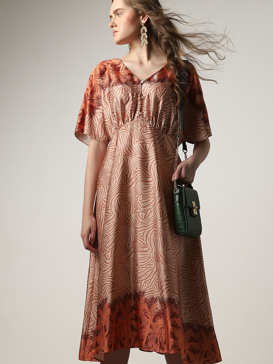 Orange Printed Midi Dress