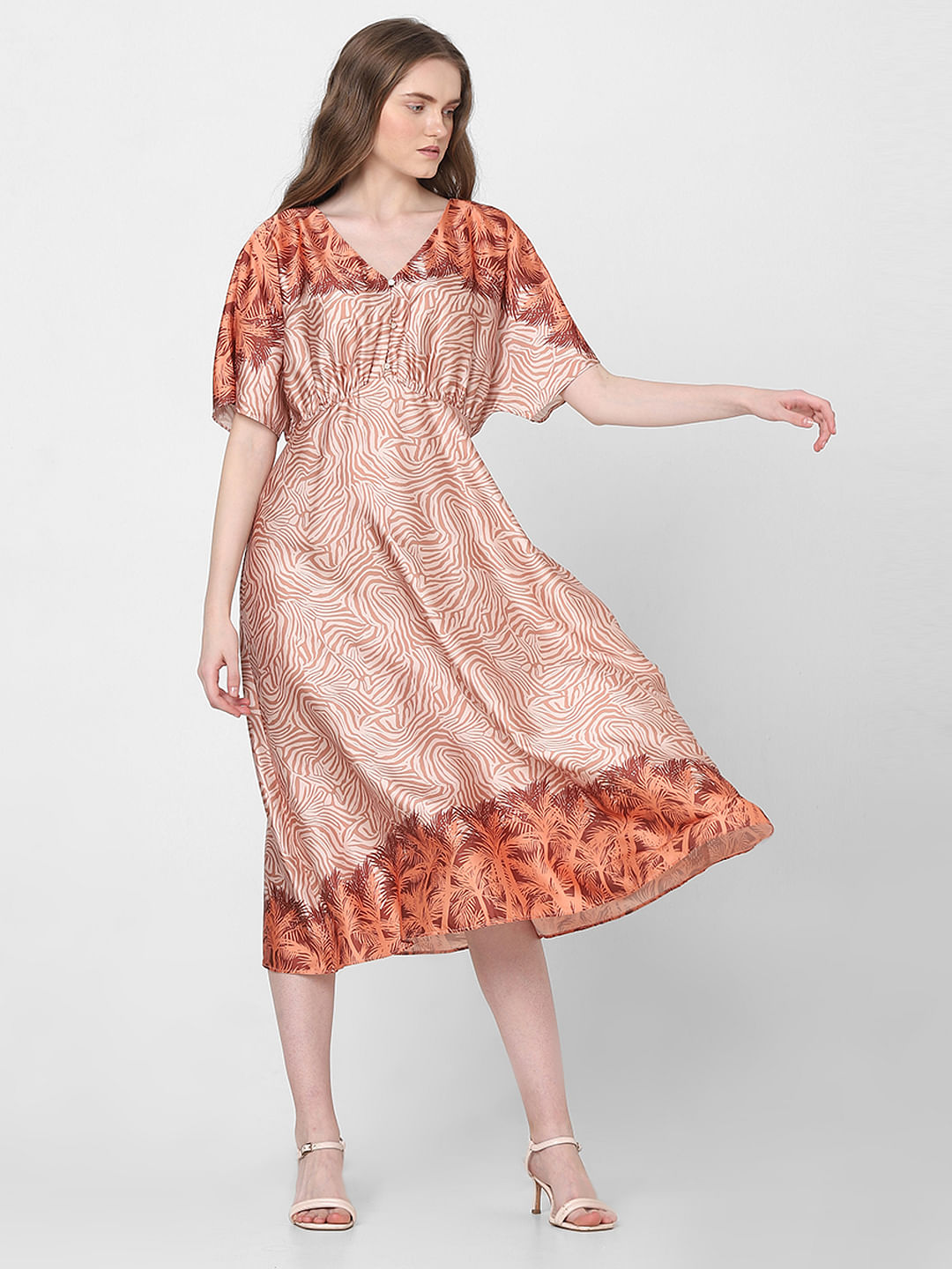 Orange Printed Midi Dress