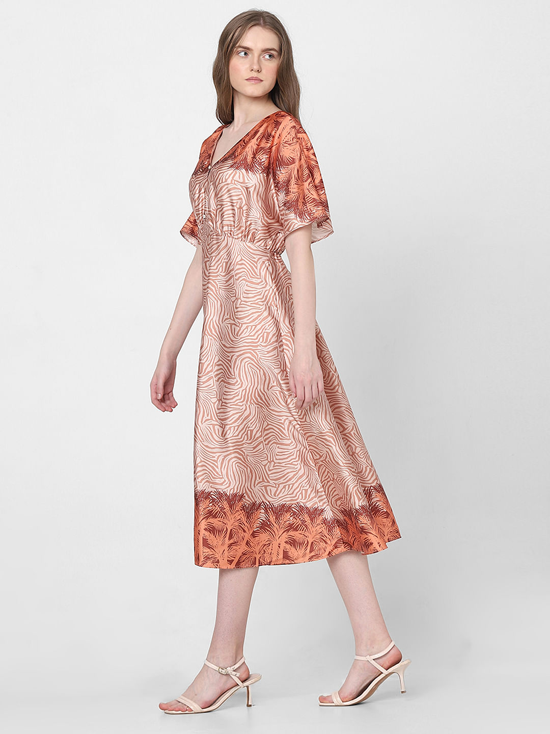 Orange Printed Midi Dress