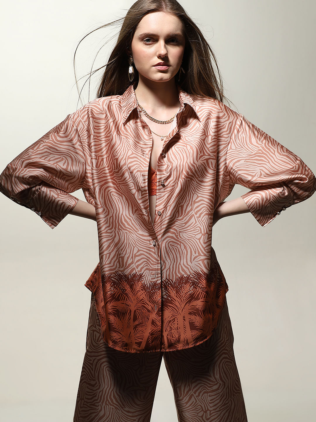 Orange Printed Co-Ord Set Shirt