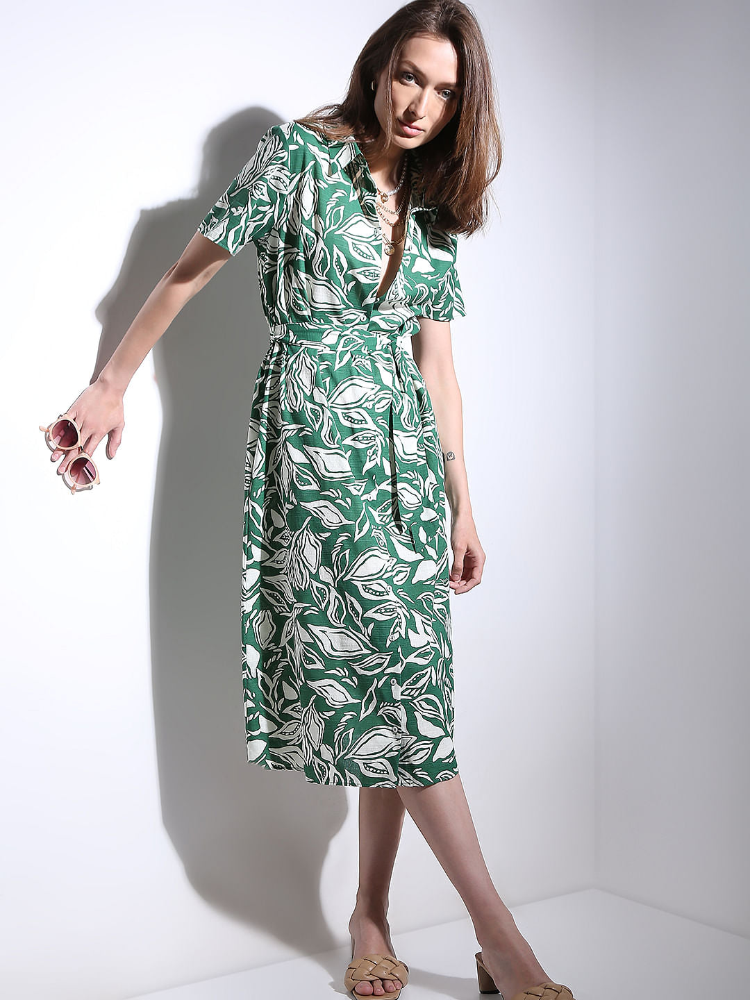 Green Abstract Print Shirt Dress