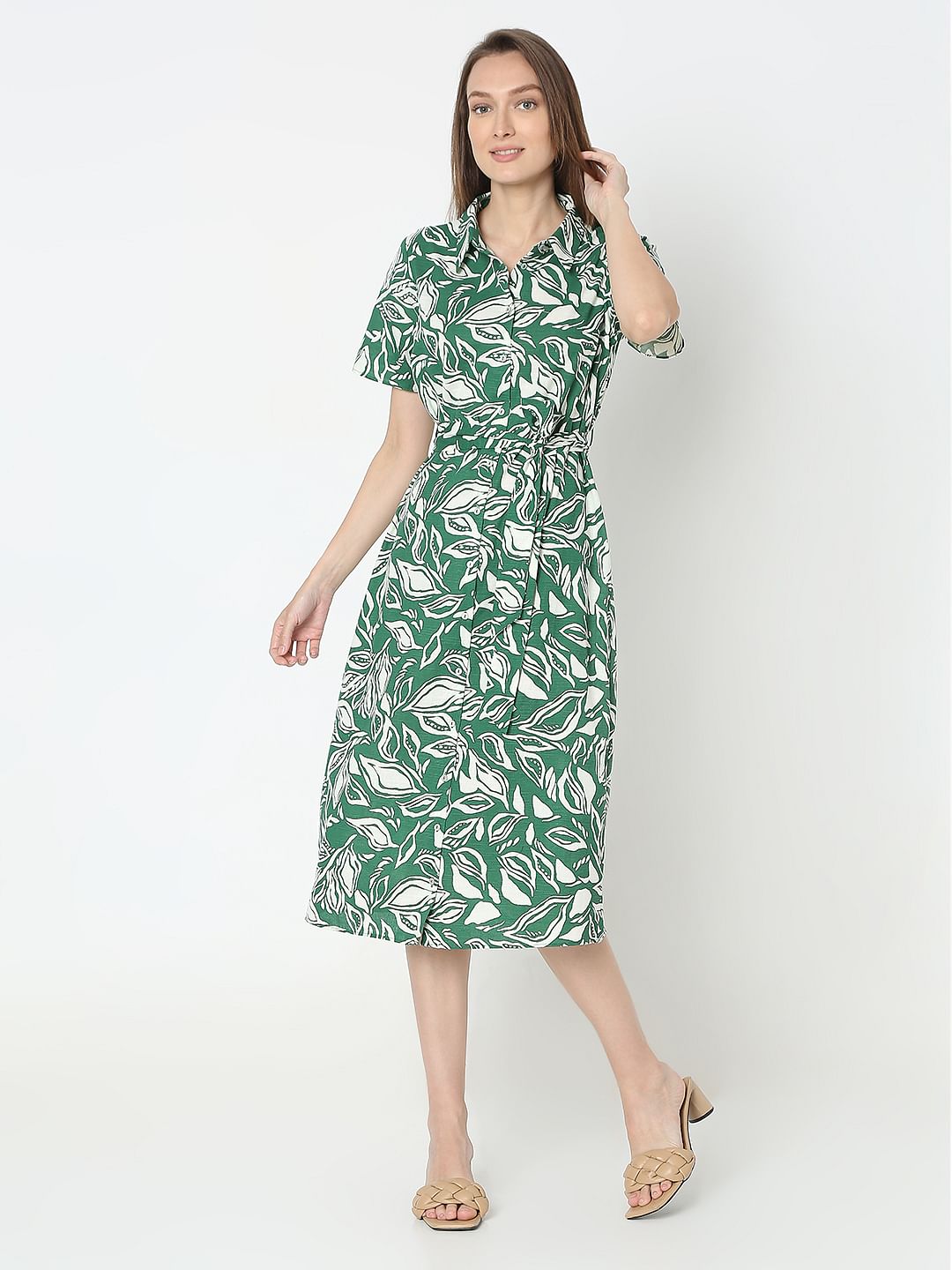Green Abstract Print Shirt Dress