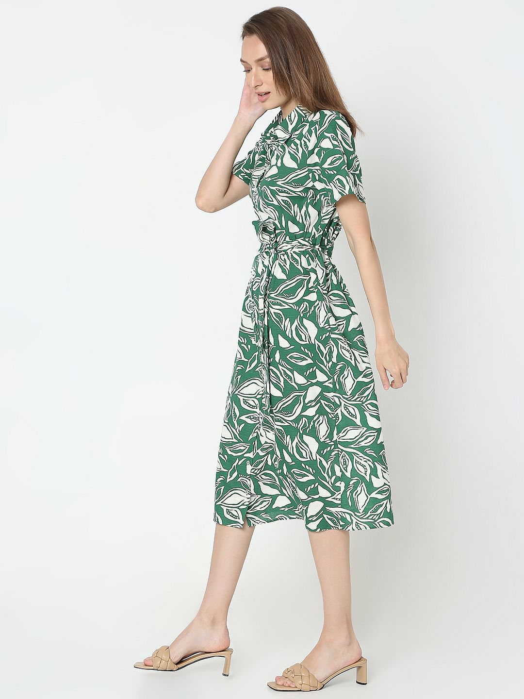 Green Abstract Print Shirt Dress