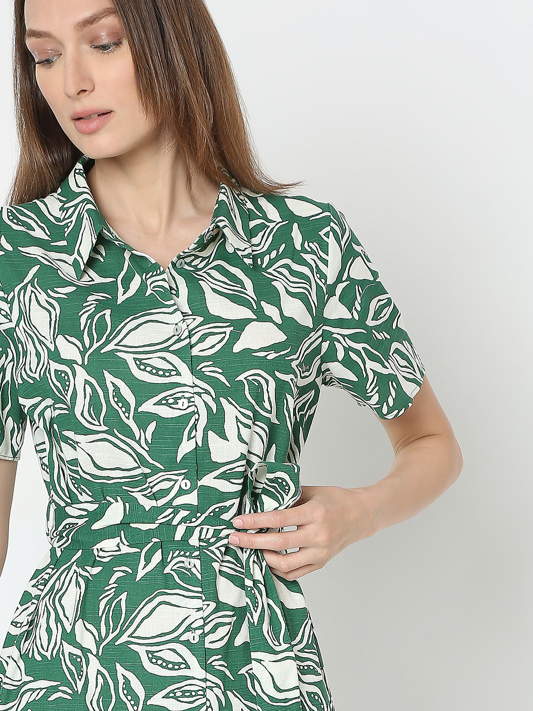 Green Abstract Print Shirt Dress