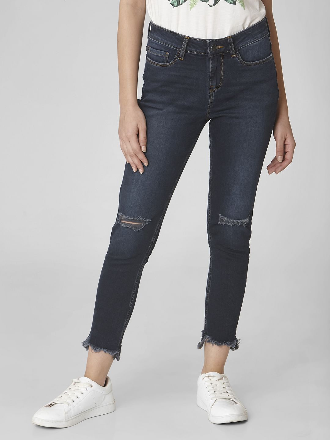 Dark Blue Mid Rise Ripped Skinny Jeans
