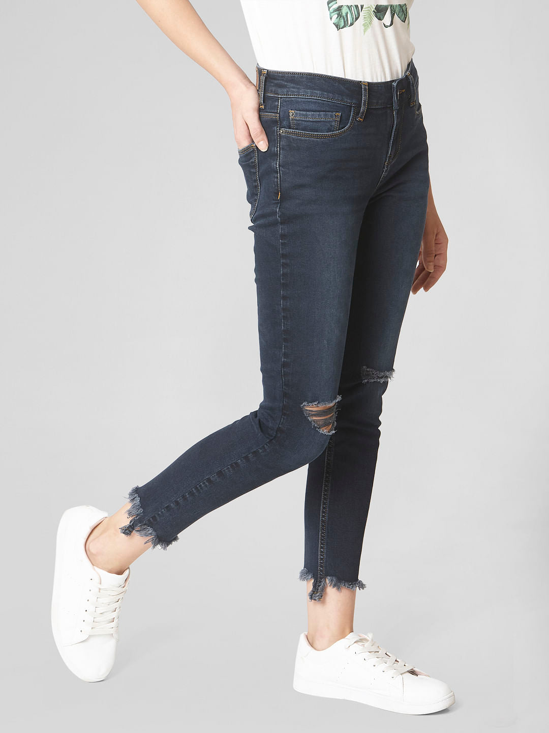Dark Blue Mid Rise Ripped Skinny Jeans