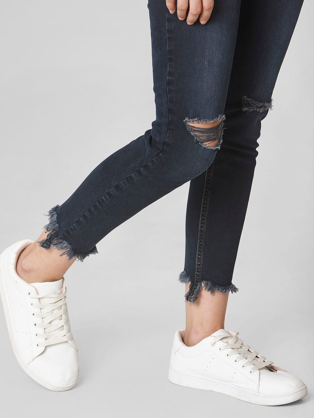 Dark Blue Mid Rise Ripped Skinny Jeans