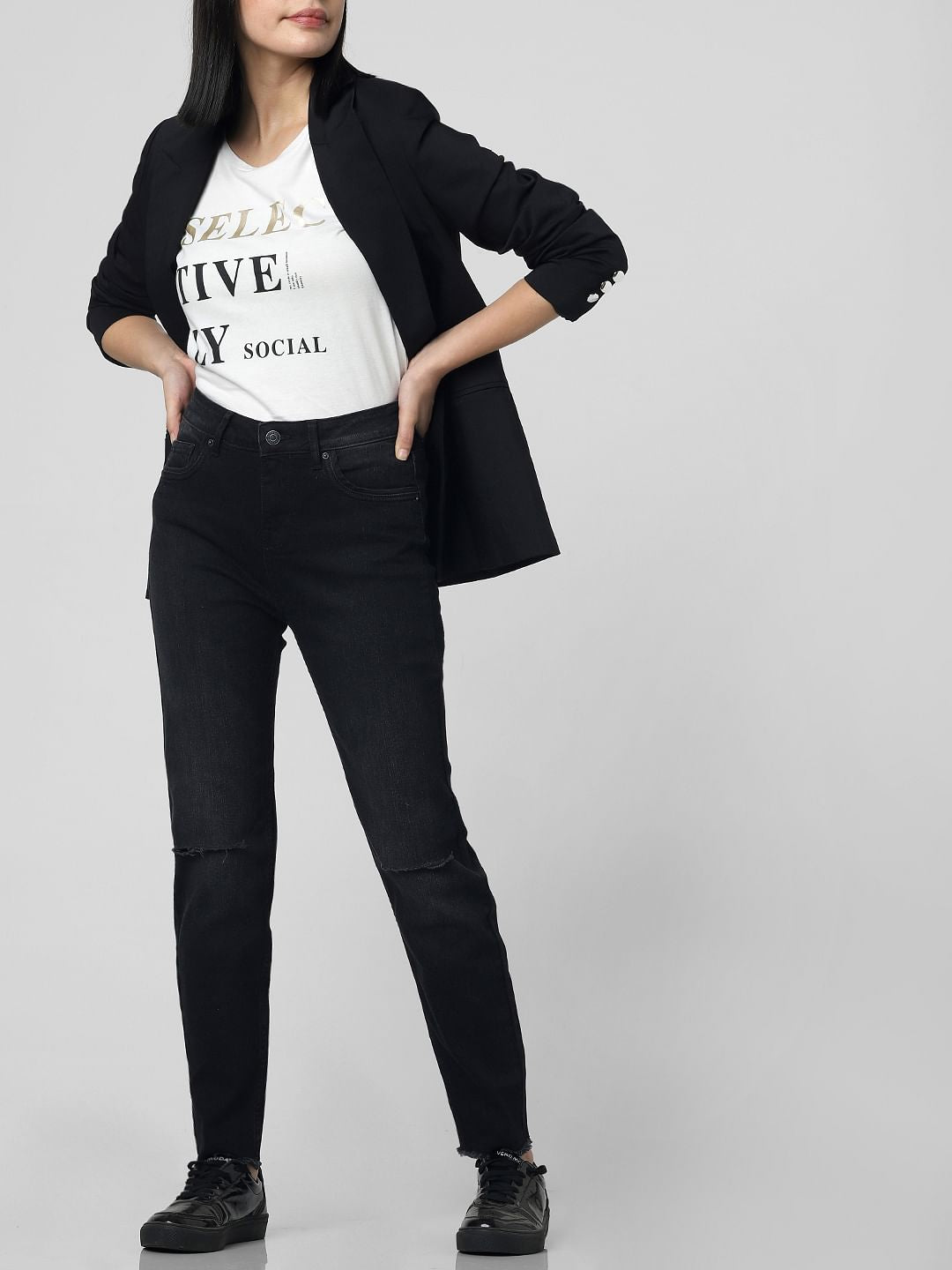 Dark Grey High Rise Knee Slit Skinny Jeans