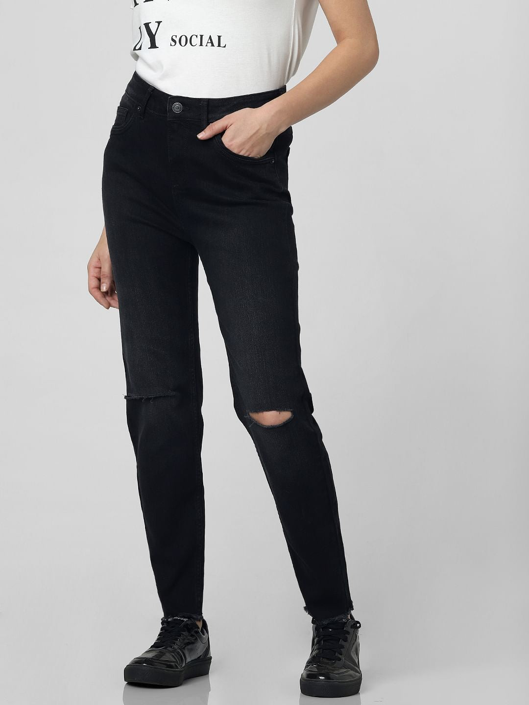 Dark Grey High Rise Knee Slit Skinny Jeans