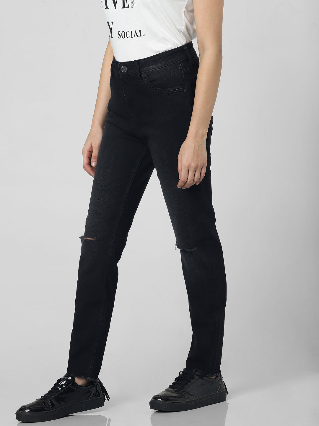 Dark Grey High Rise Knee Slit Skinny Jeans