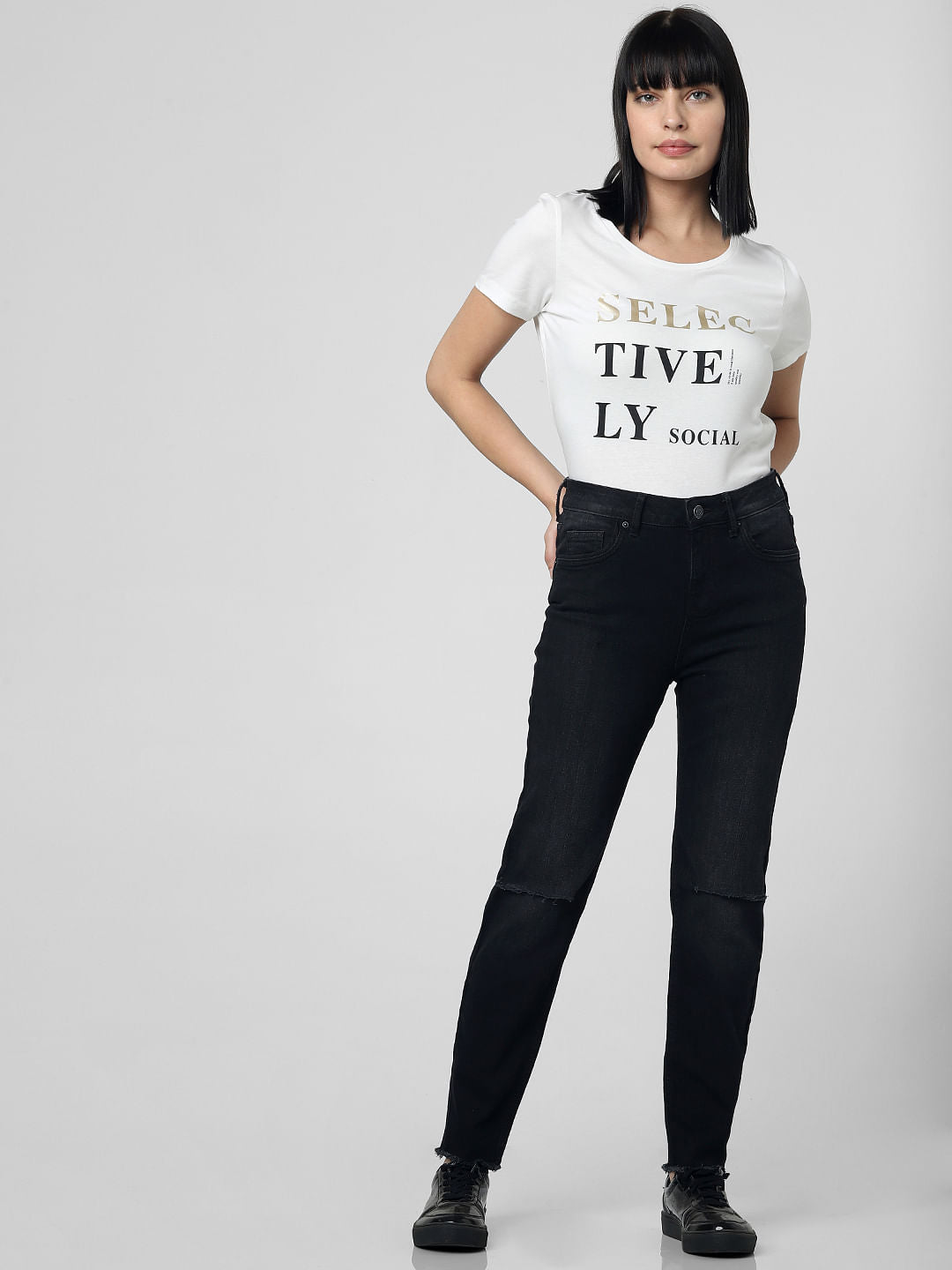 Dark Grey High Rise Knee Slit Skinny Jeans