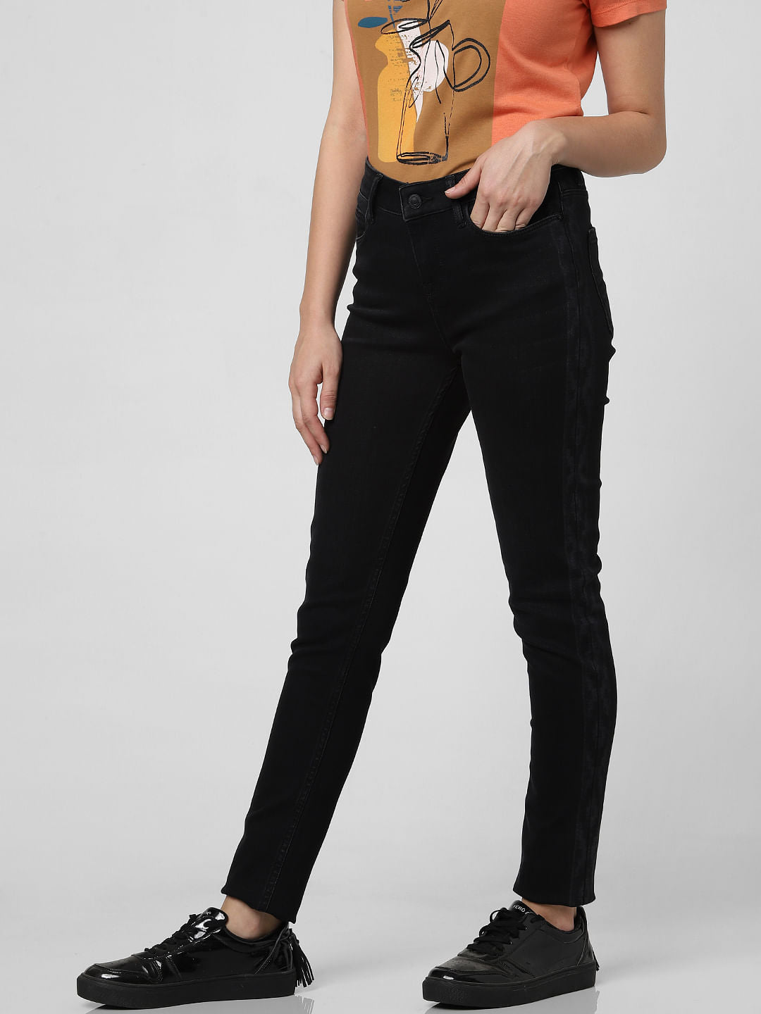 Dark Grey Mid Rise Tape Detail Skinny Jeans