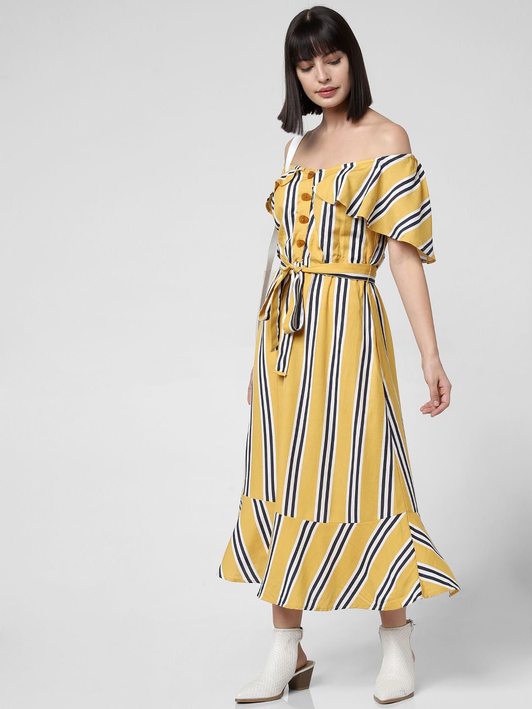 Yellow Striped Off-Shoulder Dress