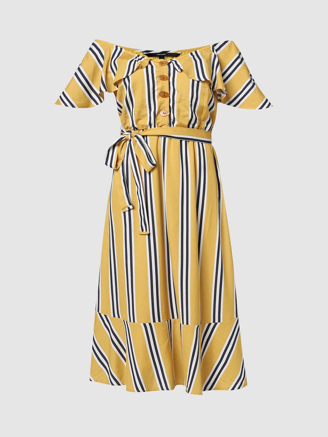 Yellow Striped Off-Shoulder Dress