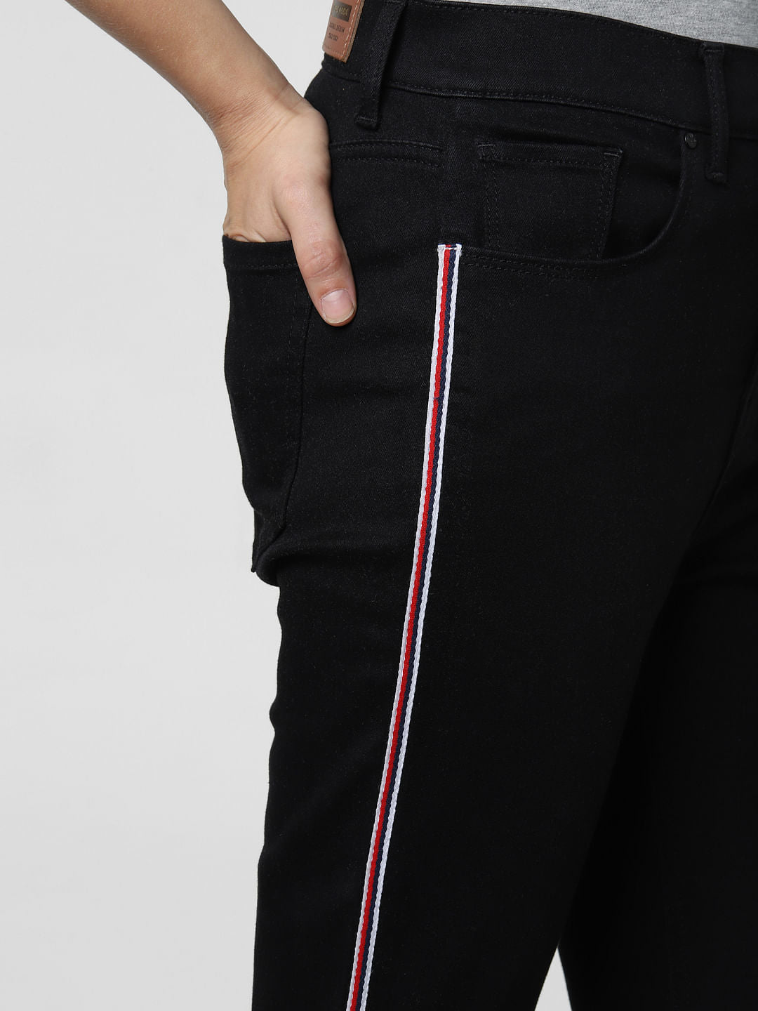 Black High Rise Tape Detail Skinny Fit Jeans