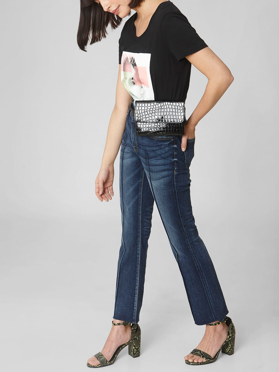 Blue Mid Rise Pin Tuck Boot Cut Jeans